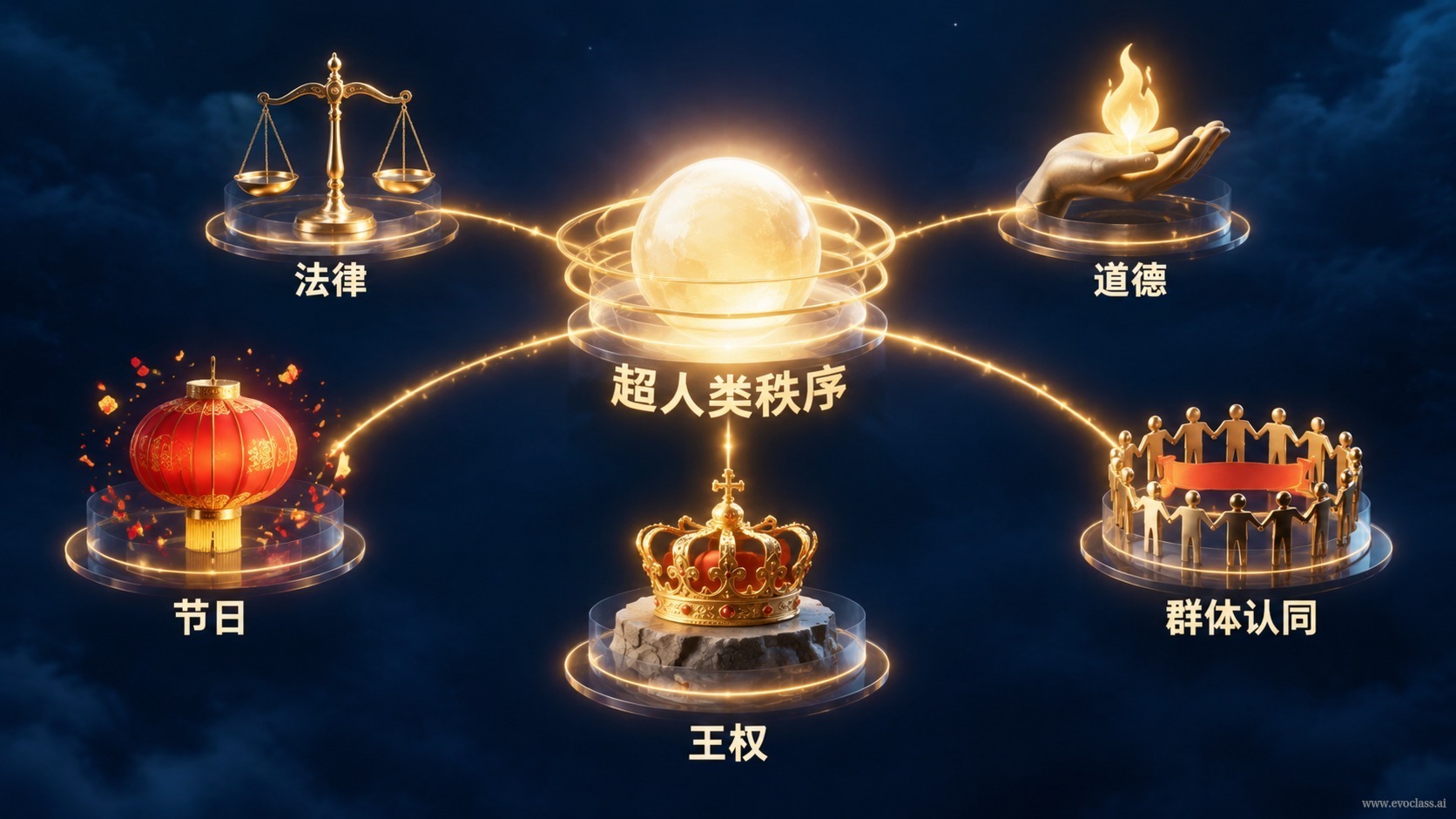 以“超人类秩序”为中心,向外连接法律、道德、节日、王权与群体认同